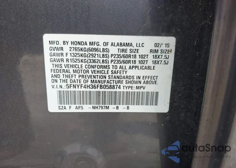 2015 Honda Pilot Se from USA, damaged, VIN 5FNYF4H36FB058874